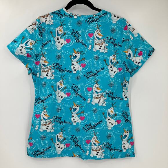 Disney Blue Frozen Olaf Snowman Feel Warm Short Sleeve Scrub Nurse Top Shirt - Picture 8 of 8